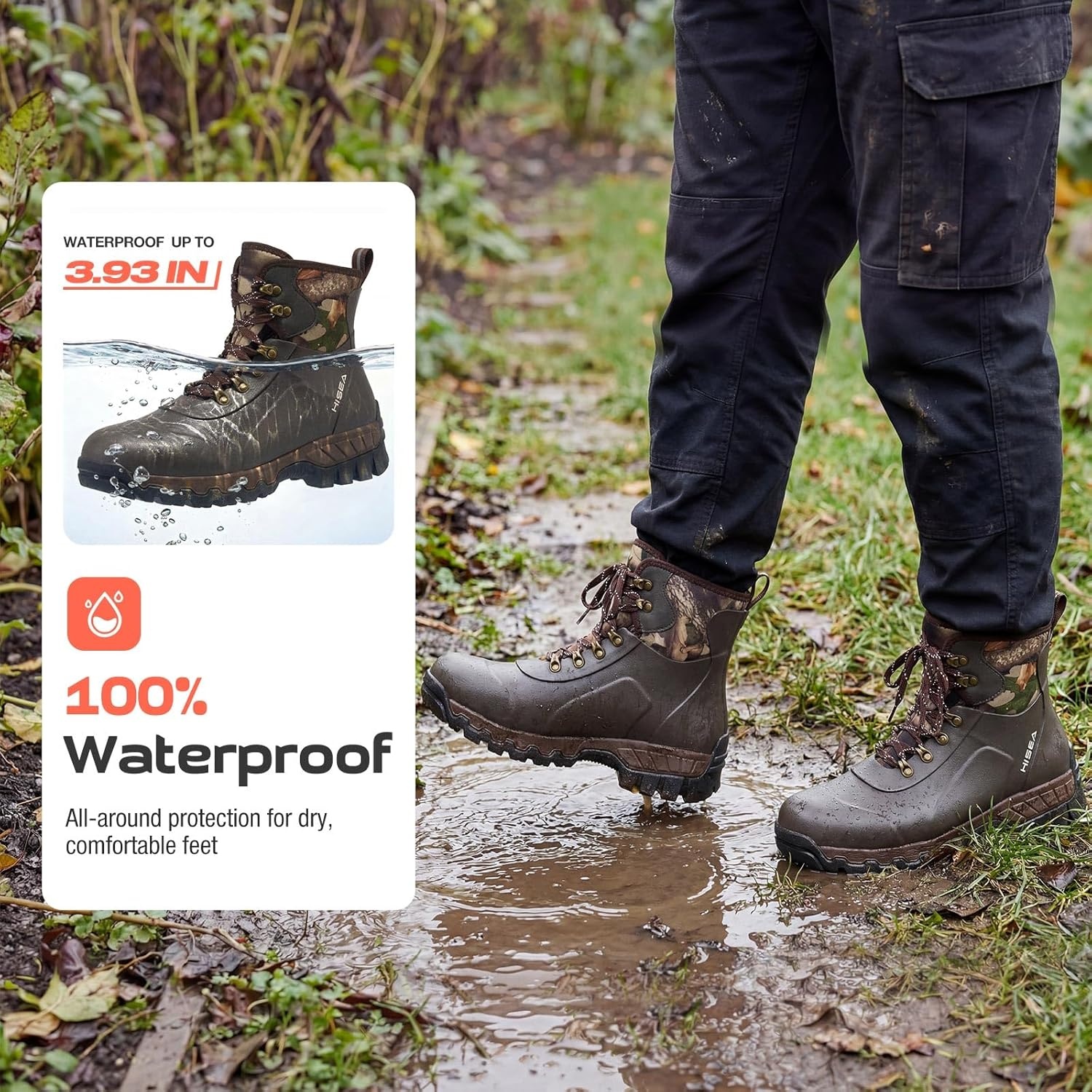 image:imageHISEA Ankle Rubber Rain Boots for Men Lace Up Round Toe Waterproof Boots for Hiking Outdoor Mud Yard Garden ChoreCamo