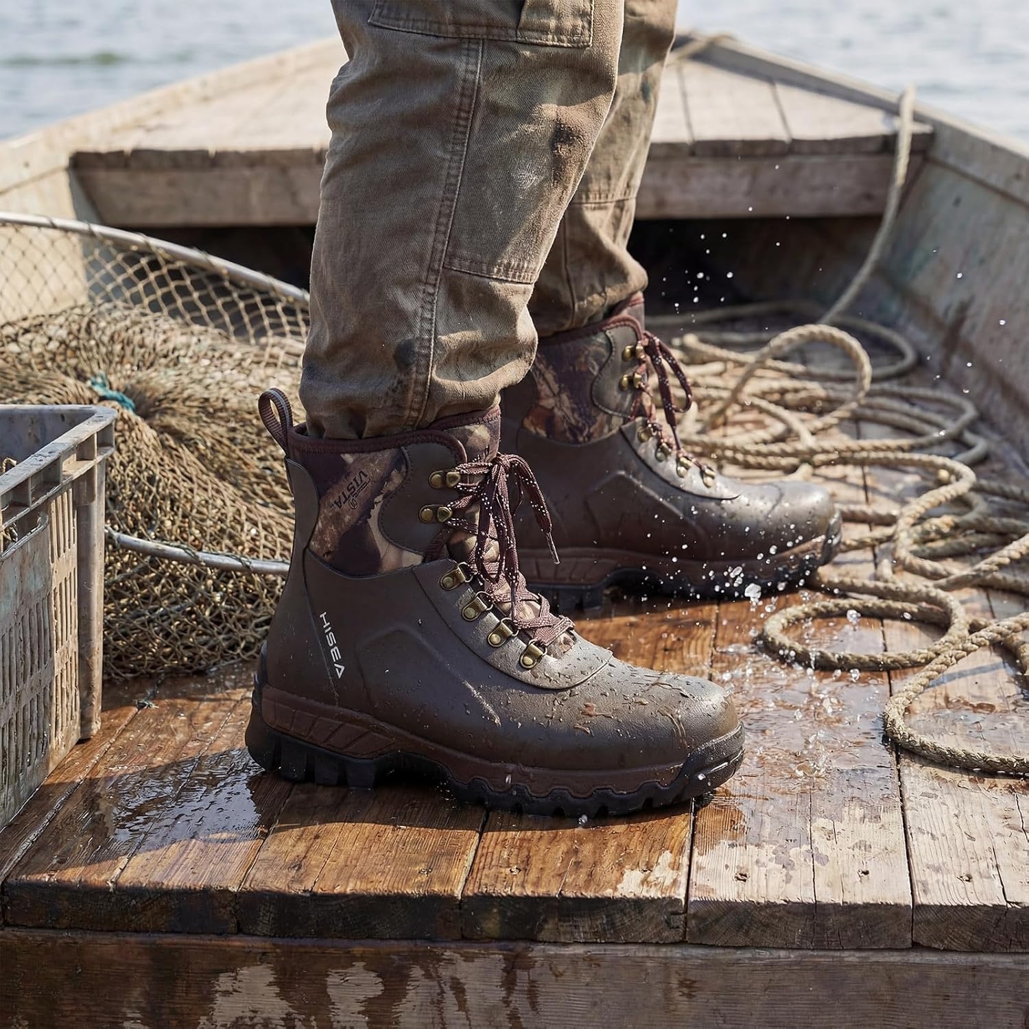 image:imageHISEA Ankle Rubber Rain Boots for Men Lace Up Round Toe Waterproof Boots for Hiking Outdoor Mud Yard Garden ChoreCamo