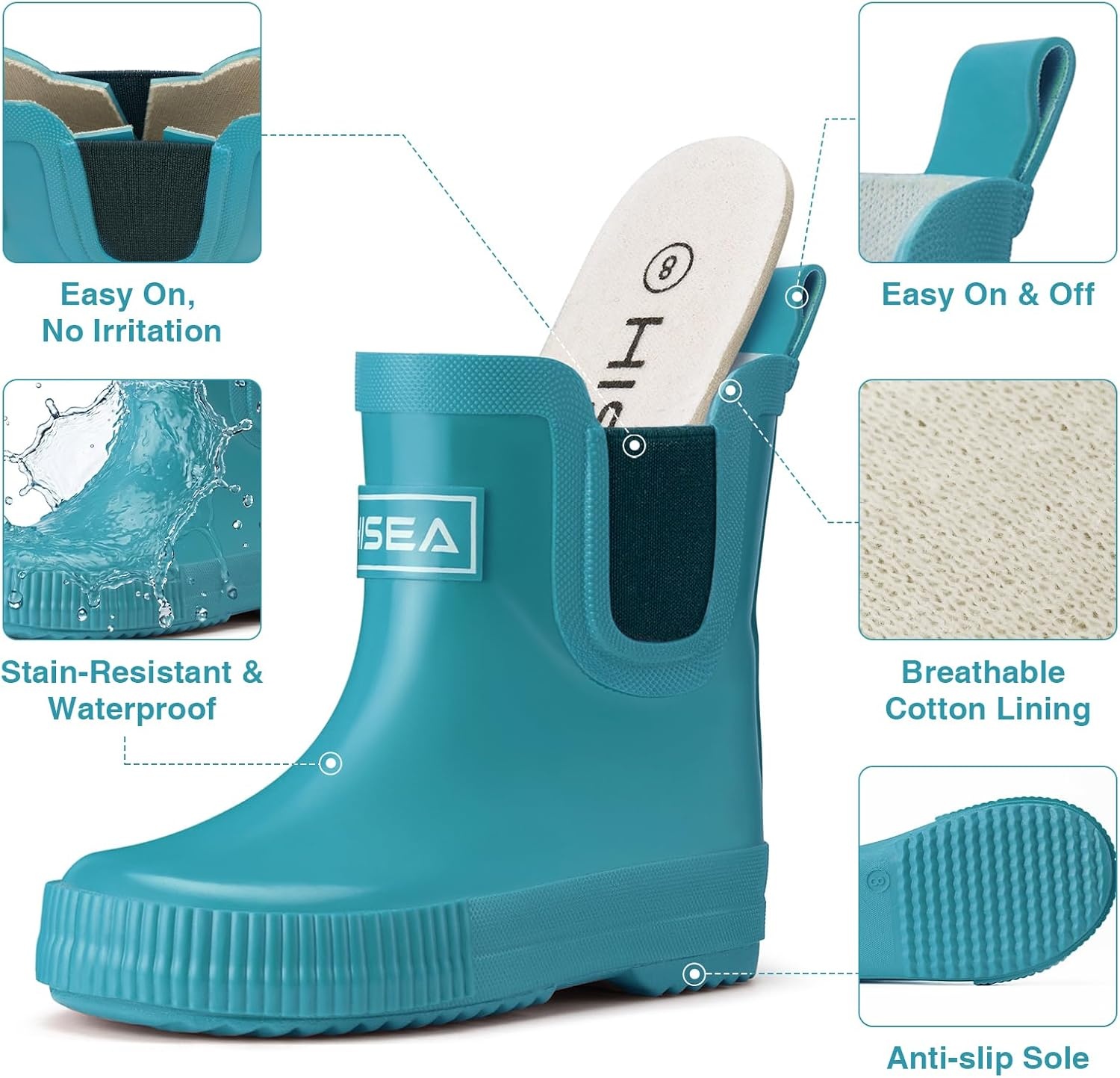 image:imageHISEA Kids BarefootFriendly Rain Boots 100 Natural Rubber Waterproof Ankle Chelsea Boots with Soft Cotton Lining AntiChafing Design for Toddlers Boys GirlsBlue