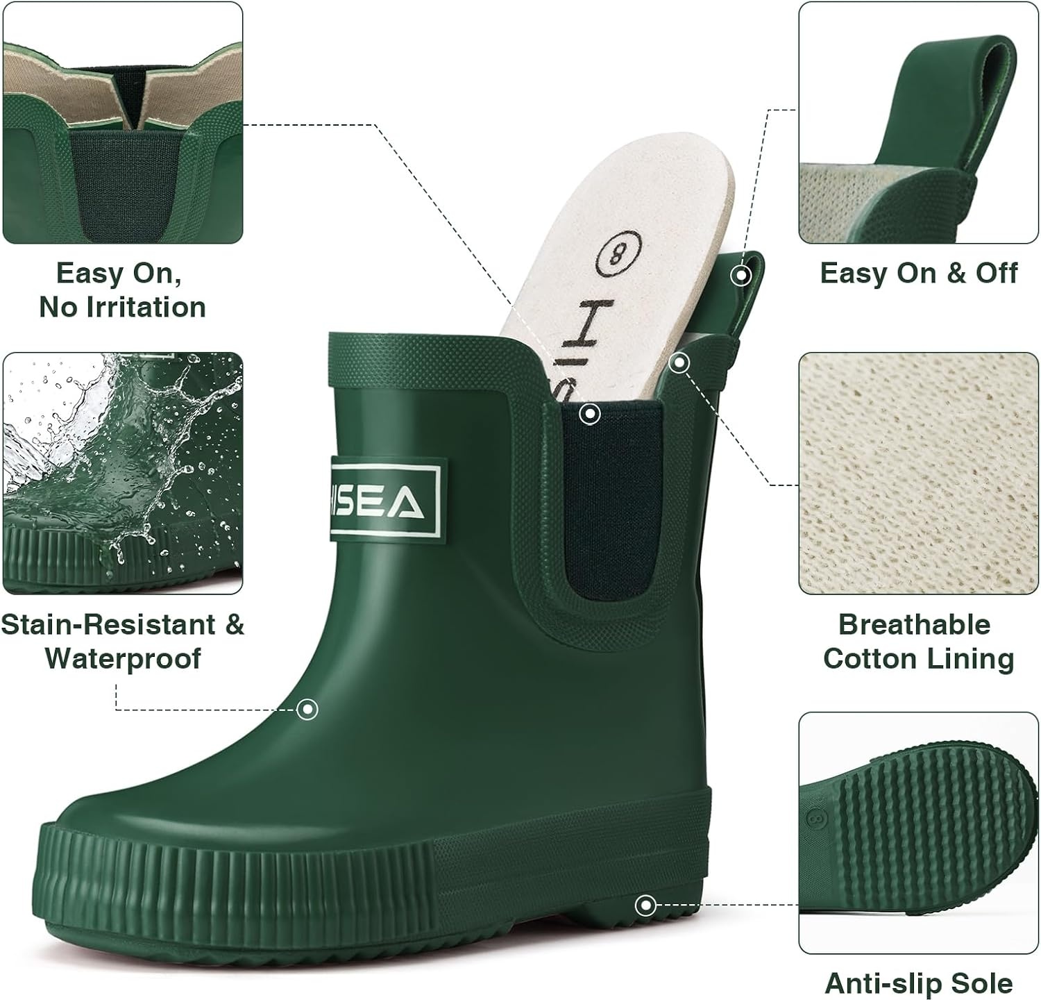 image:imageHISEA Kids BarefootFriendly Rain Boots 100 Natural Rubber Waterproof Ankle Chelsea Boots with Soft Cotton Lining AntiChafing Design for Toddlers Boys GirlsGreen