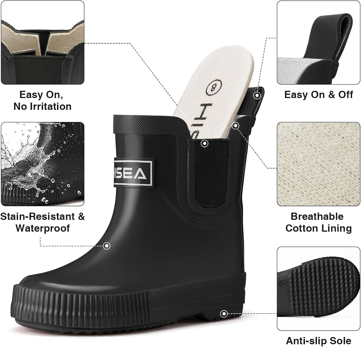 image:imageHISEA Kids BarefootFriendly Rain Boots 100 Natural Rubber Waterproof Ankle Chelsea Boots with Soft Cotton Lining AntiChafing Design for Toddlers Boys GirlsBlack