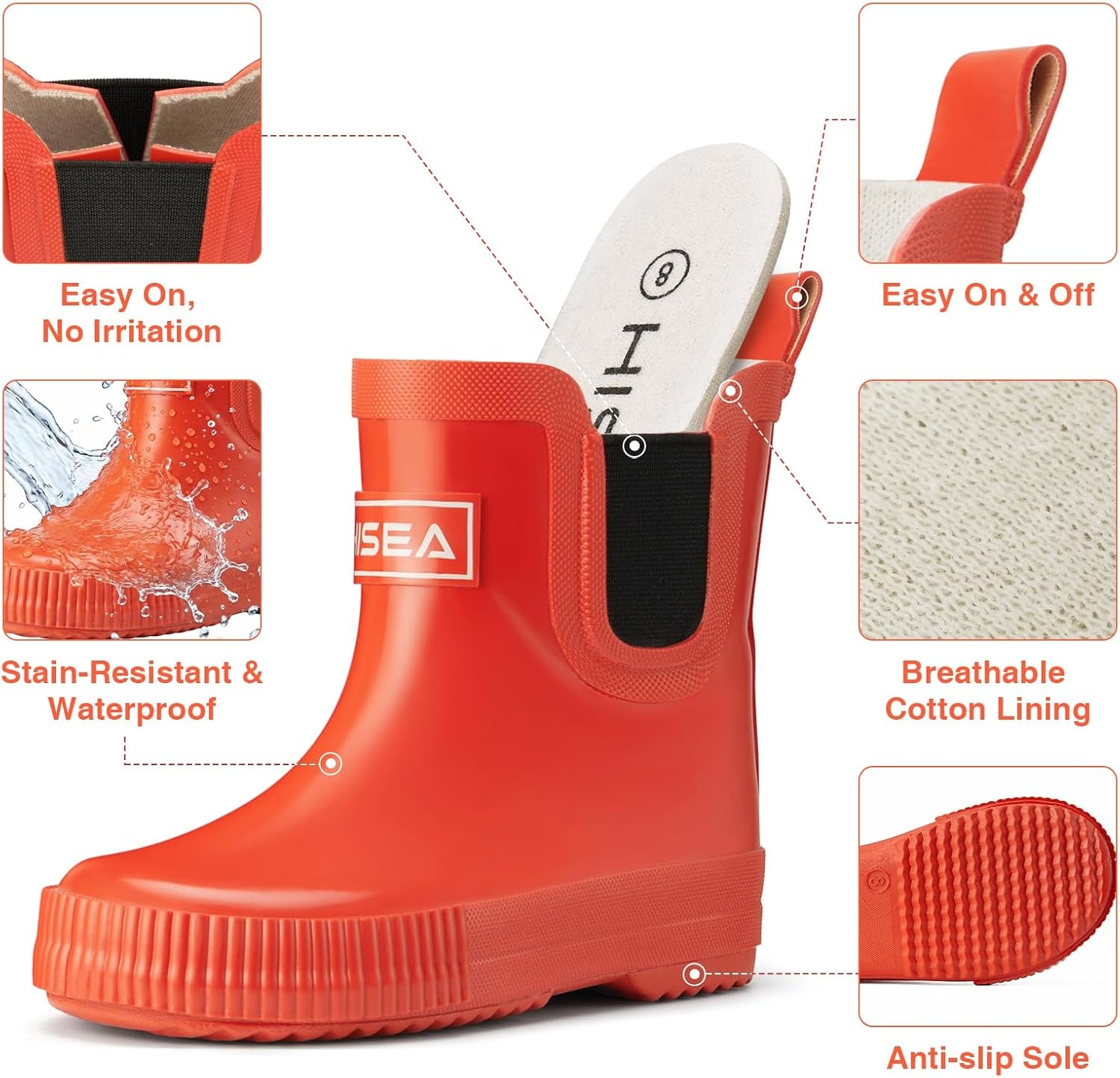 image:imageHISEA Kids BarefootFriendly Rain Boots 100 Natural Rubber Waterproof Ankle Chelsea Boots with Soft Cotton Lining AntiChafing Design for Toddlers Boys GirlsPumpkin Red