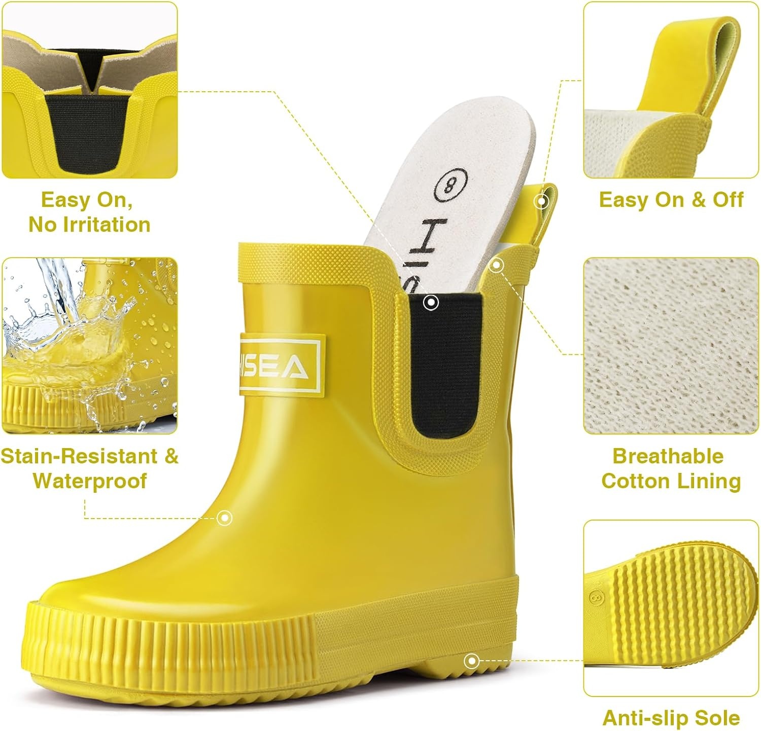 image:imageHISEA Kids BarefootFriendly Rain Boots 100 Natural Rubber Waterproof Ankle Chelsea Boots with Soft Cotton Lining AntiChafing Design for Toddlers Boys GirlsYellow