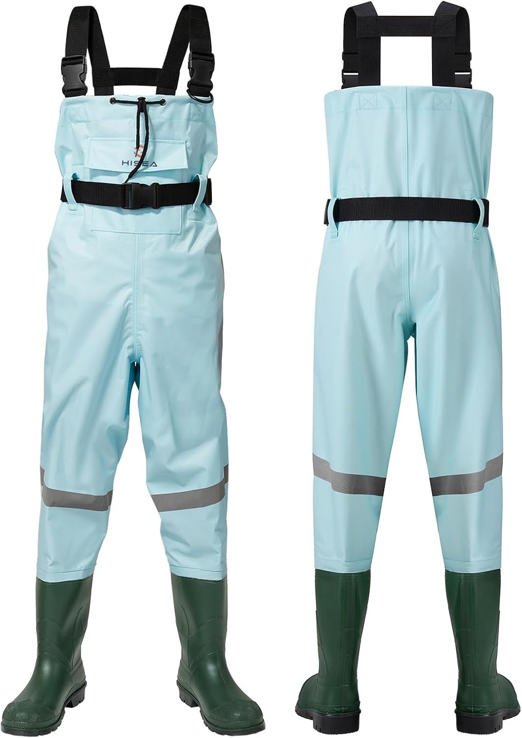 image:imageHISEA Kids Chest Waders with Boots Youth Waterproof Fishing Wader PVC Waders for Toddler Children with Reflect Safety BandBlue