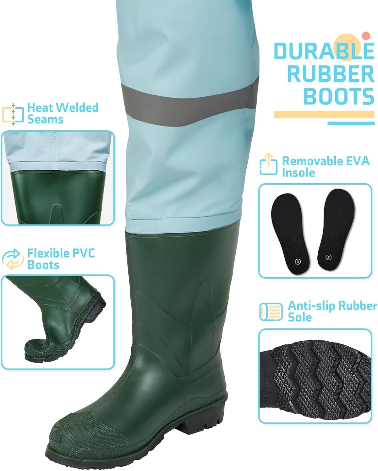 image:imageHISEA Kids Chest Waders with Boots Youth Waterproof Fishing Wader PVC Waders for Toddler Children with Reflect Safety BandBlue