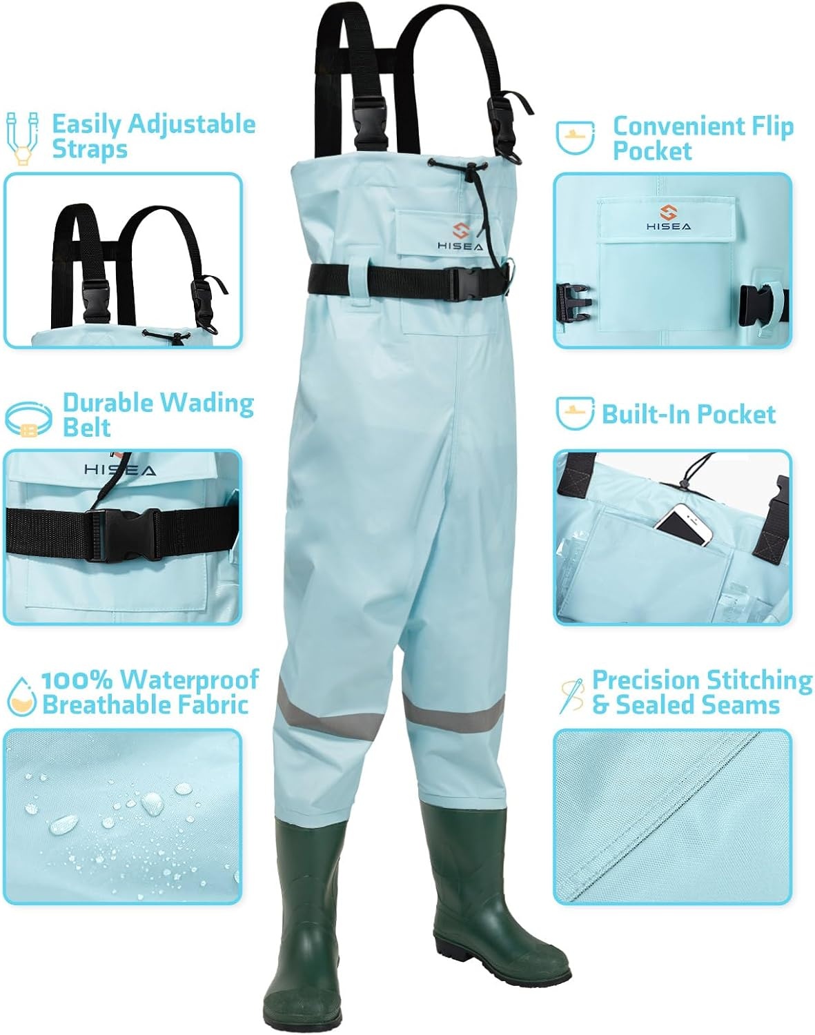 image:imageHISEA Kids Chest Waders with Boots Youth Waterproof Fishing Wader PVC Waders for Toddler Children with Reflect Safety BandBlue
