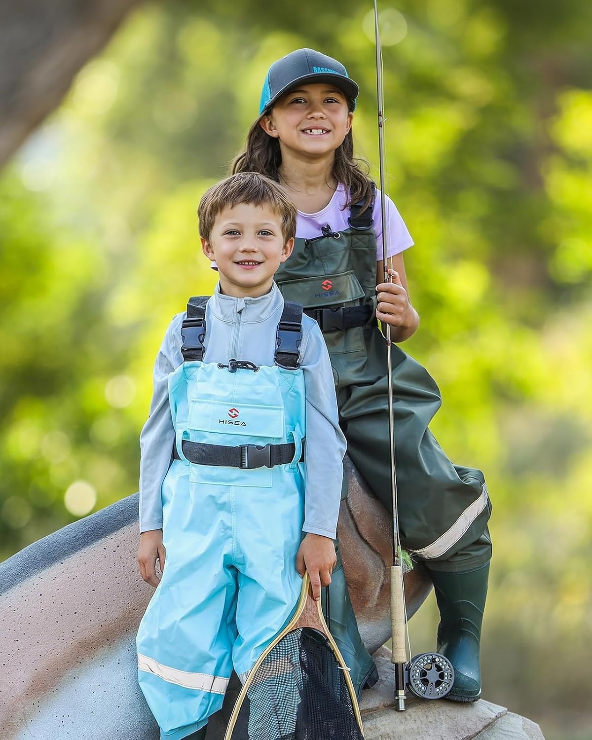 image:imageHISEA Kids Chest Waders with Boots Youth Waterproof Fishing Wader PVC Waders for Toddler Children with Reflect Safety BandBlue