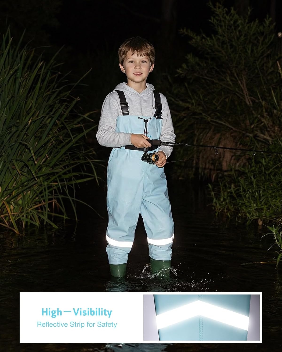 image:imageHISEA Kids Chest Waders with Boots Youth Waterproof Fishing Wader PVC Waders for Toddler Children with Reflect Safety BandBlue