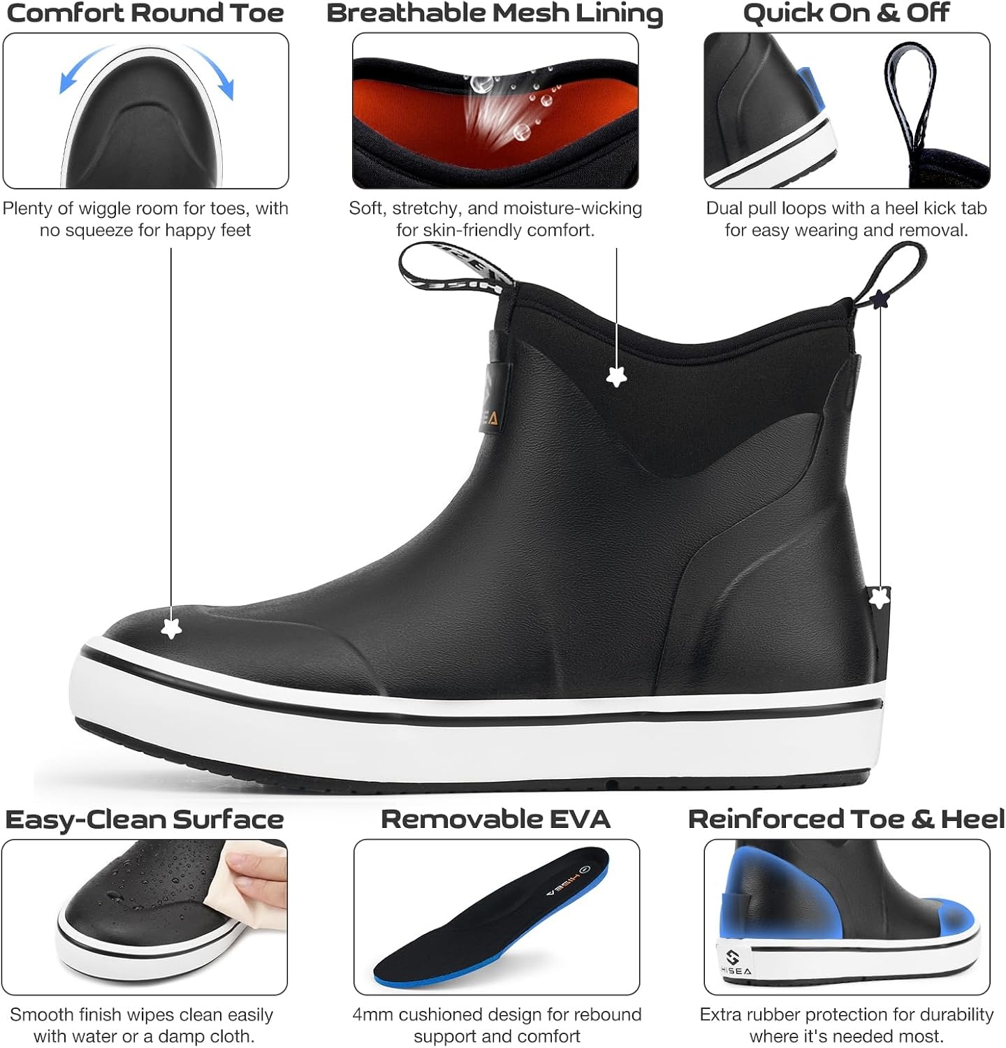 image:imageHISEA Kids EasyOn Rain Boots for Boys and Girls 4mm Neoprene Insulated Waterproof Deck Boots NonSlip Rubber Ankle Mud Boots for Toddler amp Big KidBlack