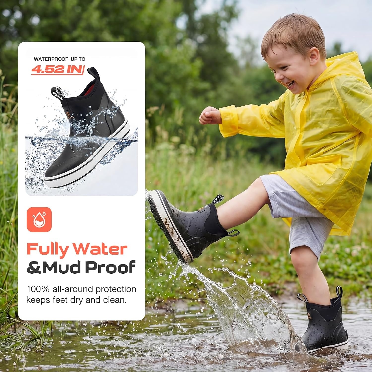 image:imageHISEA Kids EasyOn Rain Boots for Boys and Girls 4mm Neoprene Insulated Waterproof Deck Boots NonSlip Rubber Ankle Mud Boots for Toddler amp Big KidBlack