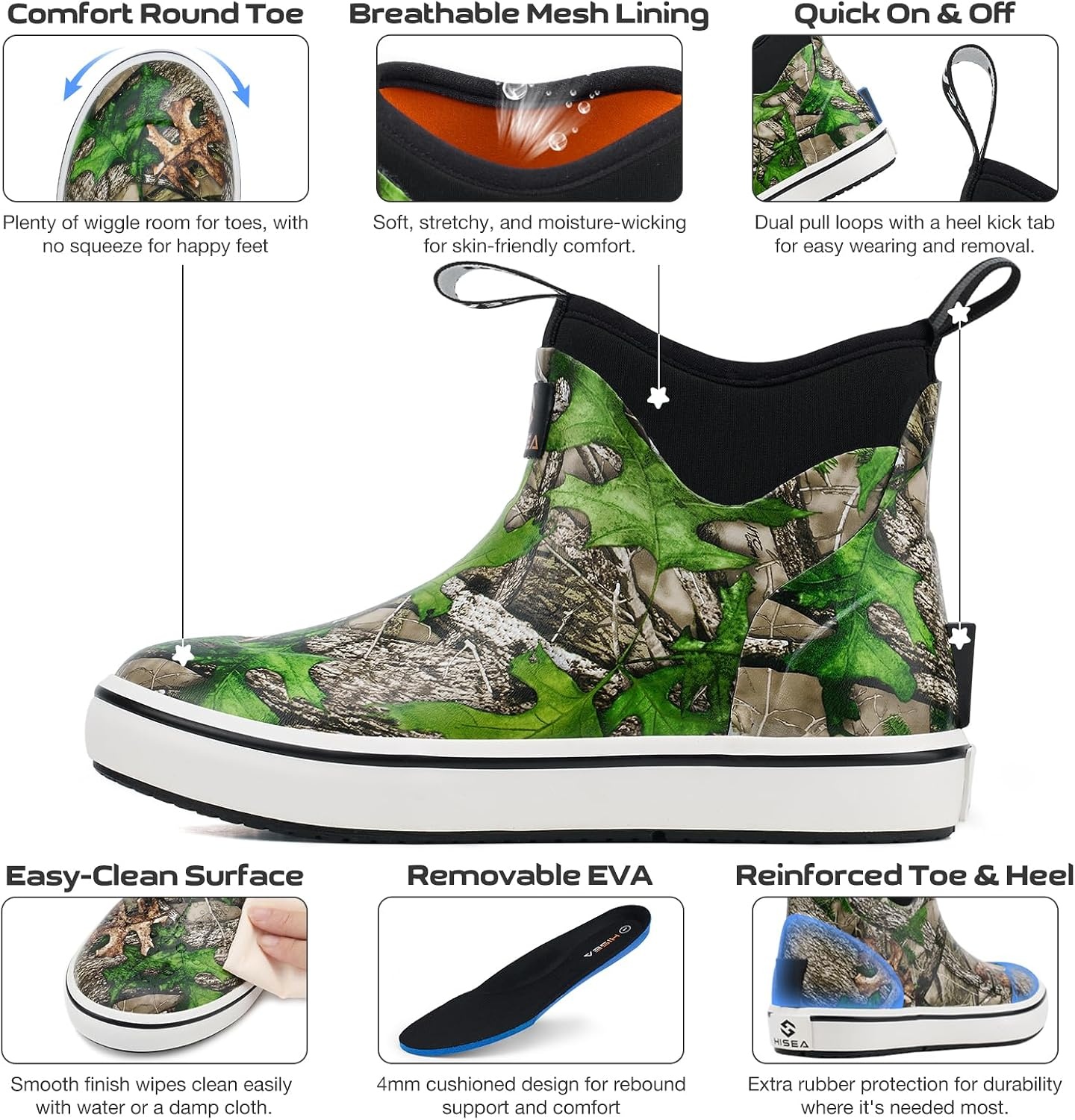 image:imageHISEA Kids EasyOn Rain Boots for Boys and Girls 4mm Neoprene Insulated Waterproof Deck Boots NonSlip Rubber Ankle Mud Boots for Toddler amp Big KidCamo