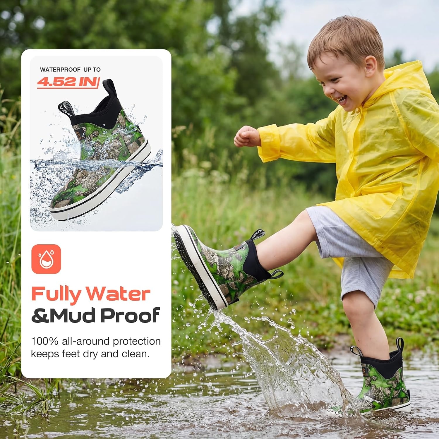 image:imageHISEA Kids EasyOn Rain Boots for Boys and Girls 4mm Neoprene Insulated Waterproof Deck Boots NonSlip Rubber Ankle Mud Boots for Toddler amp Big KidCamo
