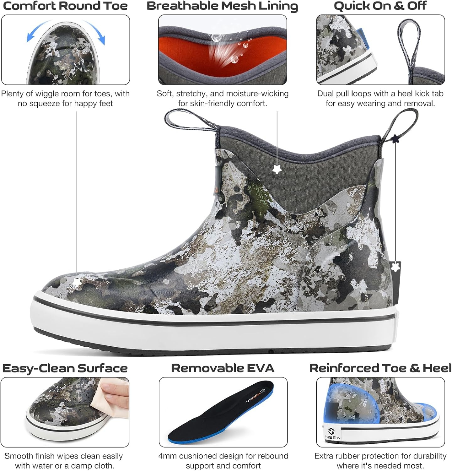 image:imageHISEA Kids EasyOn Rain Boots for Boys and Girls 4mm Neoprene Insulated Waterproof Deck Boots NonSlip Rubber Ankle Mud Boots for Toddler amp Big KidGrey Camo