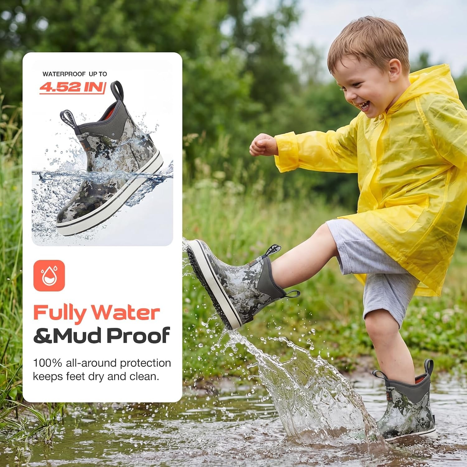 image:imageHISEA Kids EasyOn Rain Boots for Boys and Girls 4mm Neoprene Insulated Waterproof Deck Boots NonSlip Rubber Ankle Mud Boots for Toddler amp Big KidGrey Camo