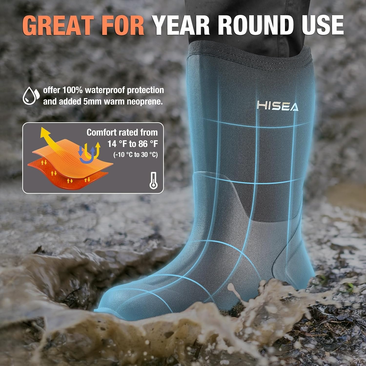 image:imageHISEA Kids Rain Boots Waterproof Neoprene Rubber Mud Boots Youth Rainboots Mid Calf Rain Shoes for Toddlers Kid Children Boys amp GirlsBlack