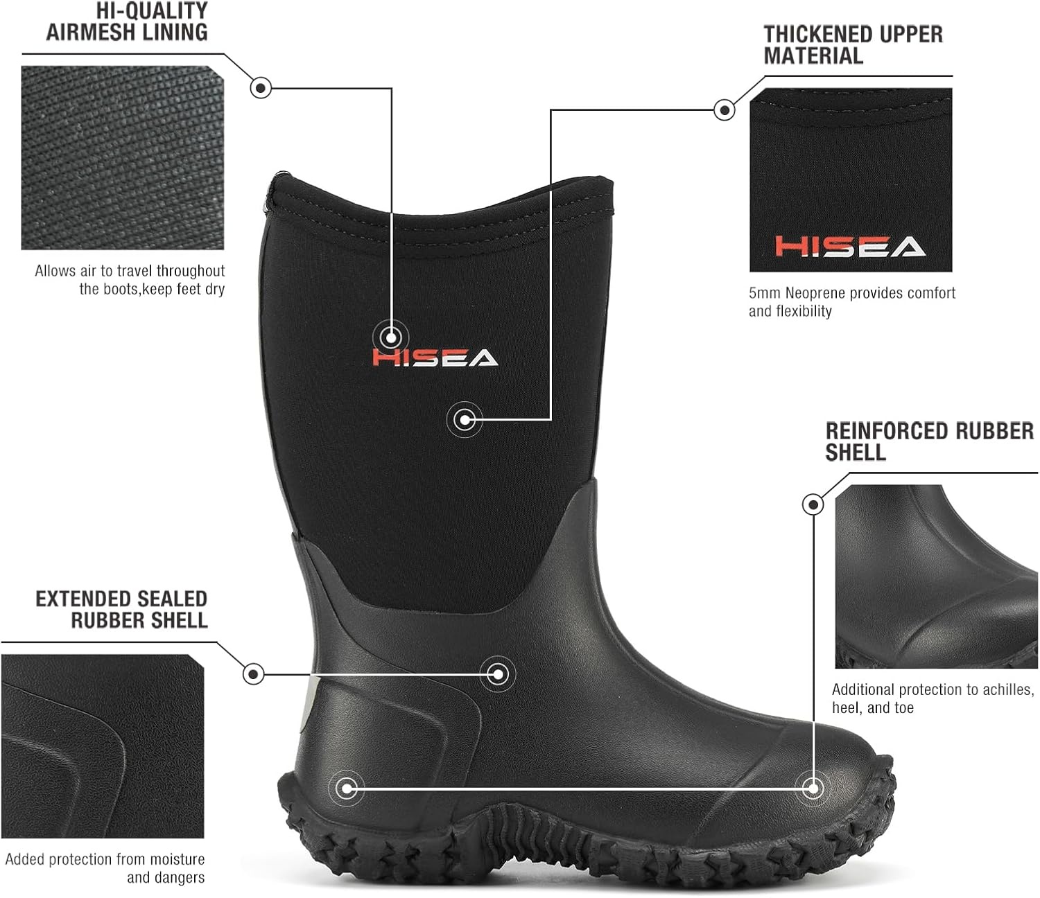 image:imageHISEA Kids Rain Boots Waterproof Neoprene Rubber Mud Boots Youth Rainboots Mid Calf Rain Shoes for Toddlers Kid Children Boys amp GirlsBlack