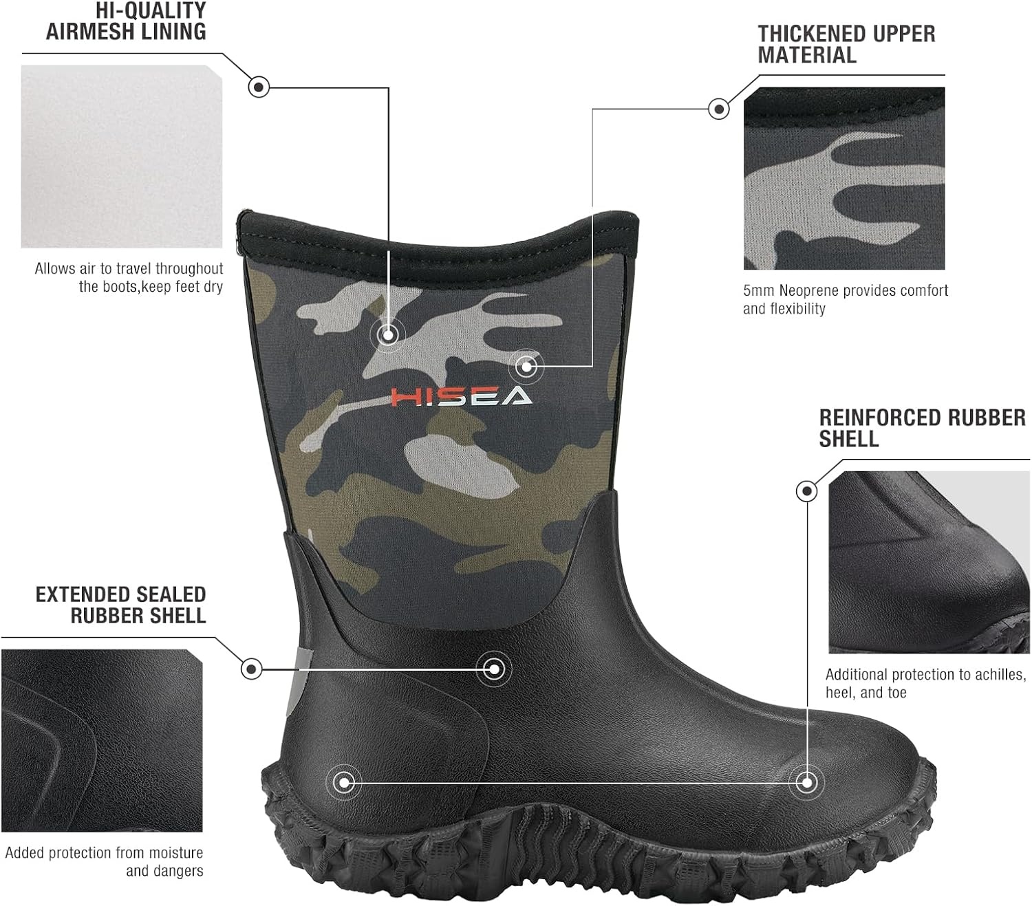 image:imageHISEA Kids Rain Boots Waterproof Neoprene Rubber Mud Boots Youth Rainboots Mid Calf Rain Shoes for Toddlers Kid Children Boys amp GirlsGreen Camo