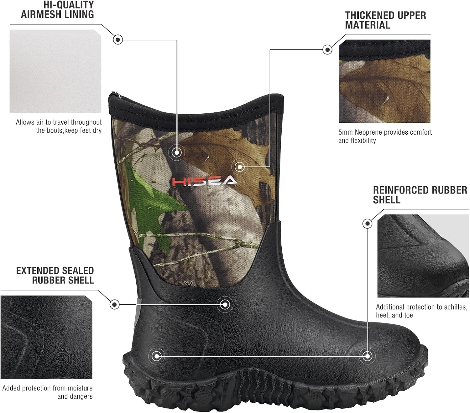 image:imageHISEA Kids Rain Boots Waterproof Neoprene Rubber Mud Boots Youth Rainboots Mid Calf Rain Shoes for Toddlers Kid Children Boys amp GirlsWoodland Camo