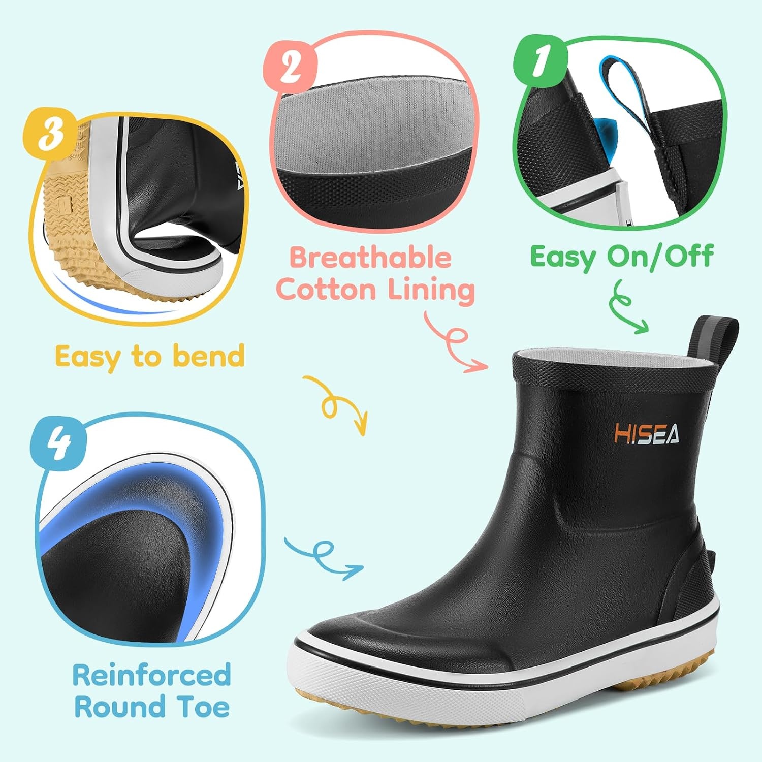 image:imageHISEA Kids Rain Boots for Girls Boys Toddler Waterproof NonSlip Easyon Rubber Deck Boots Lightweight Flexible UnisexChild Ankle Chelsea Booties for Outdoor School PlayBlack