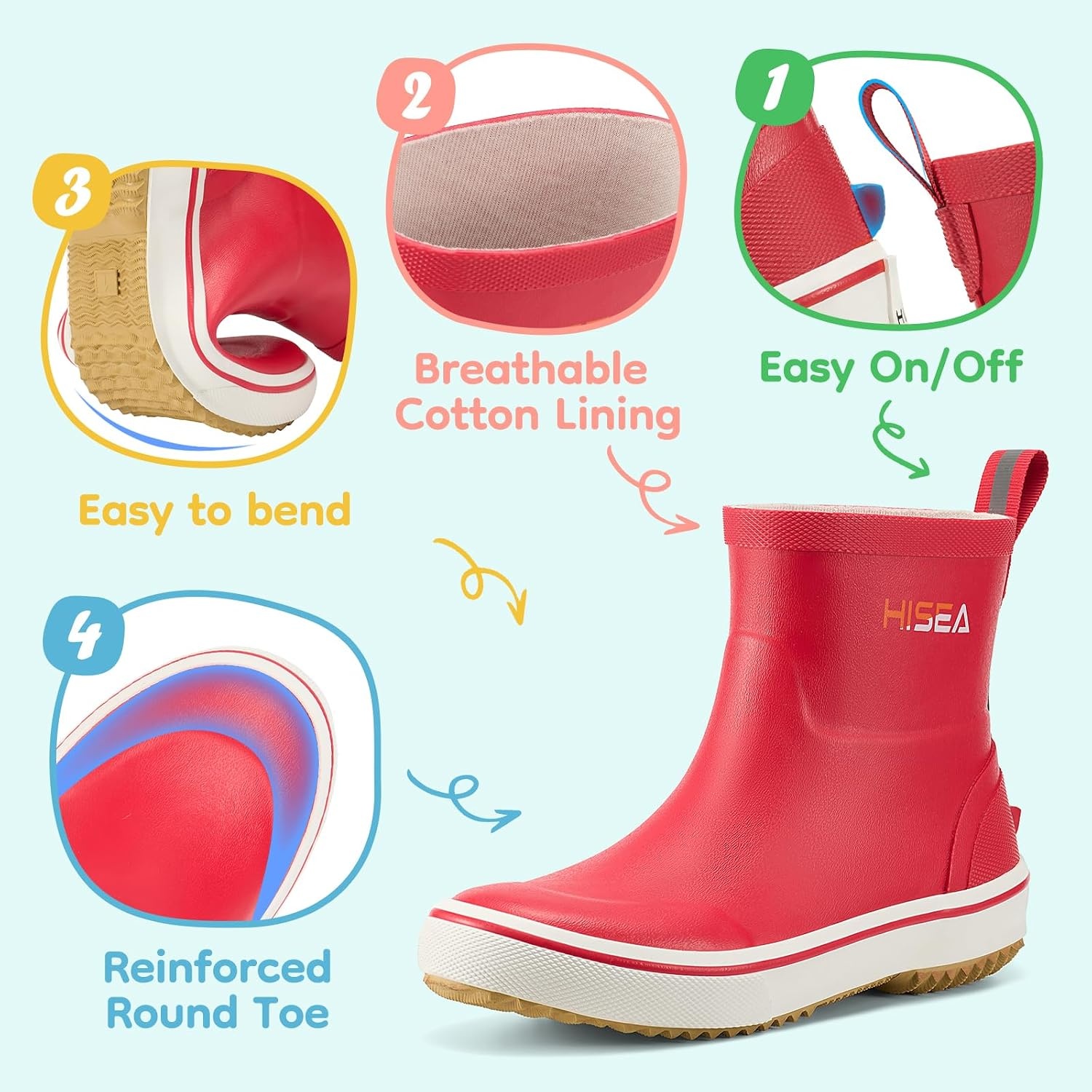 image:imageHISEA Kids Rain Boots for Girls Boys Toddler Waterproof NonSlip Easyon Rubber Deck Boots Lightweight Flexible UnisexChild Ankle Chelsea Booties for Outdoor School PlayRed