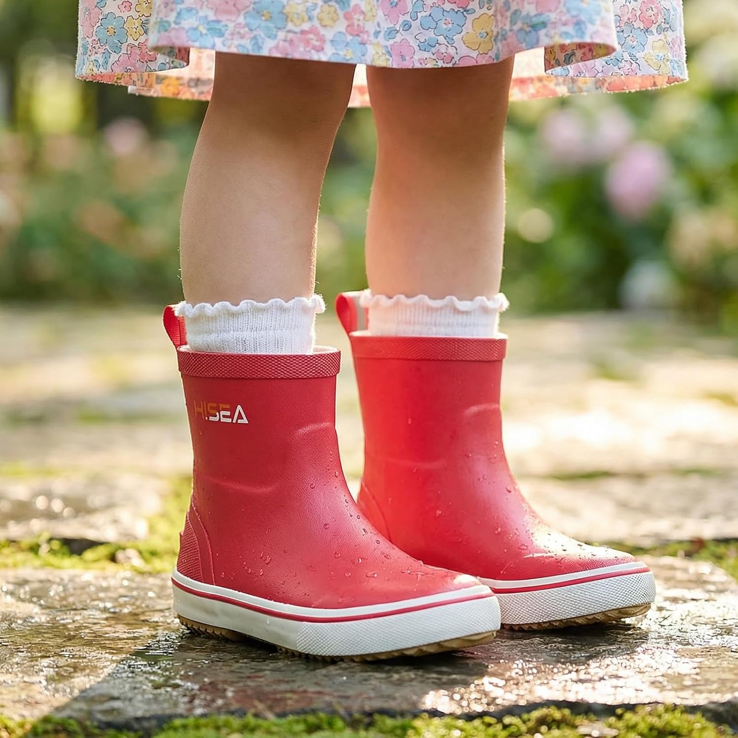 image:imageHISEA Kids Rain Boots for Girls Boys Toddler Waterproof NonSlip Easyon Rubber Deck Boots Lightweight Flexible UnisexChild Ankle Chelsea Booties for Outdoor School PlayRed