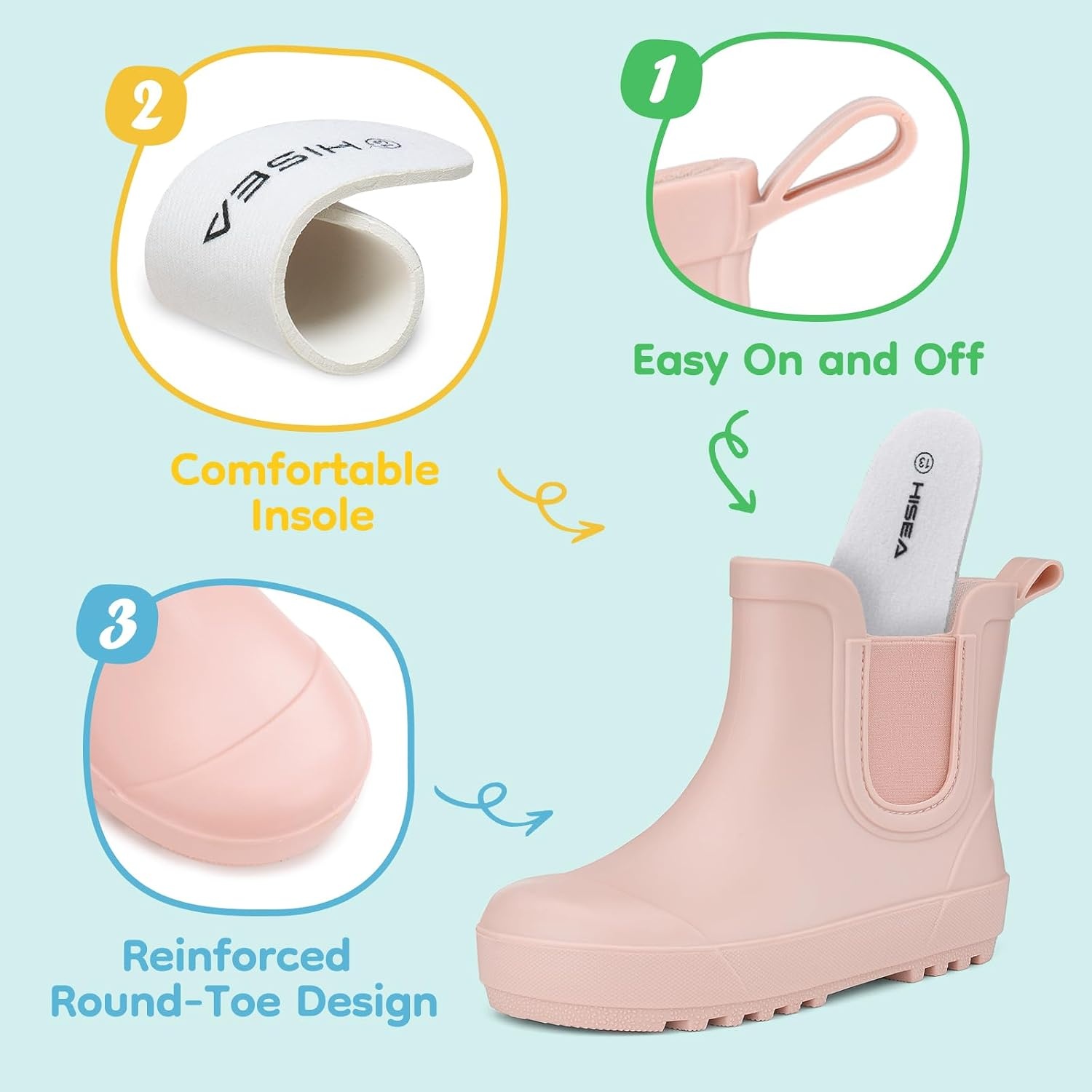 image:imageHISEA Kids Waterproof Ankle Deck Boots NonSlip Rubber Chelsea SlipOn with Round Toe for Boys amp Girls Lightweight Toddler to Big Kid Rainboots for Farm Park Hiking amp Outdoor PlayPink