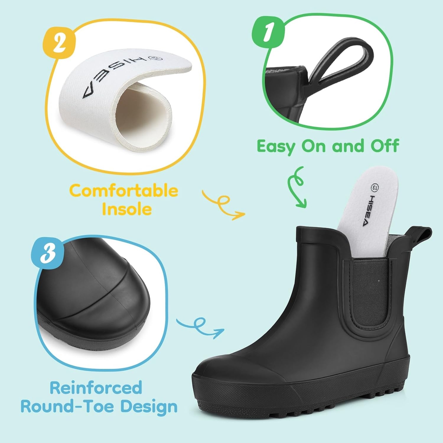 image:imageHISEA Kids Waterproof Ankle Deck Boots NonSlip Rubber Chelsea SlipOn with Round Toe for Boys amp Girls Lightweight Toddler to Big Kid Rainboots for Farm Park Hiking amp Outdoor PlayBlack