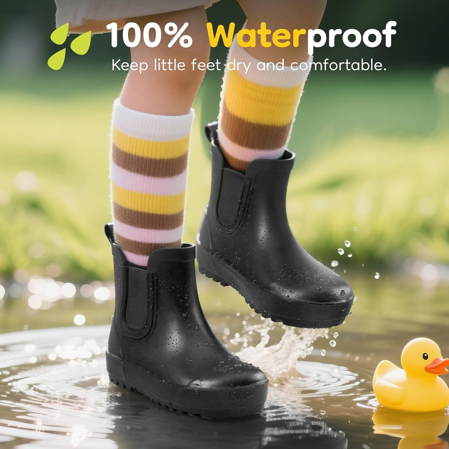 image:imageHISEA Kids Waterproof Ankle Deck Boots NonSlip Rubber Chelsea SlipOn with Round Toe for Boys amp Girls Lightweight Toddler to Big Kid Rainboots for Farm Park Hiking amp Outdoor PlayBlack