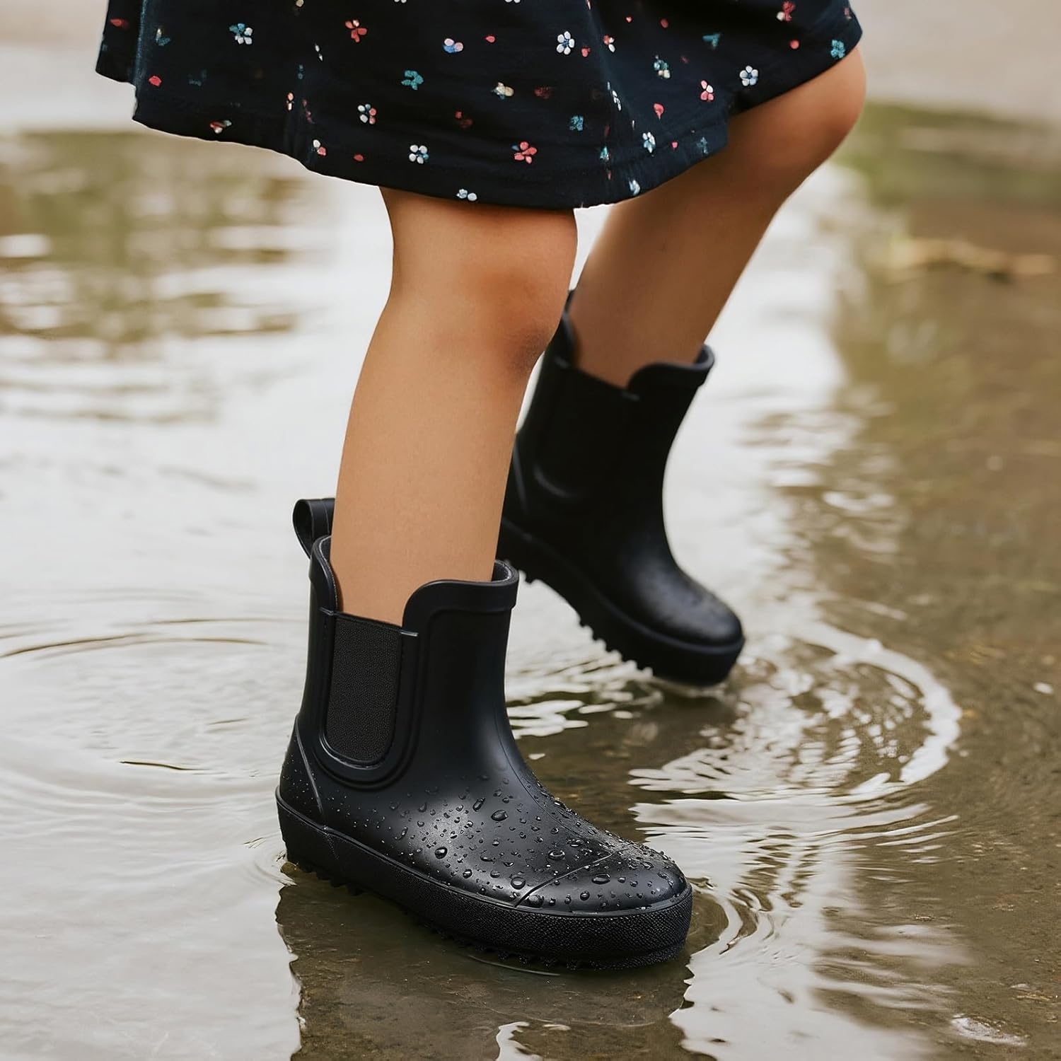 image:imageHISEA Kids Waterproof Ankle Deck Boots NonSlip Rubber Chelsea SlipOn with Round Toe for Boys amp Girls Lightweight Toddler to Big Kid Rainboots for Farm Park Hiking amp Outdoor PlayBlack