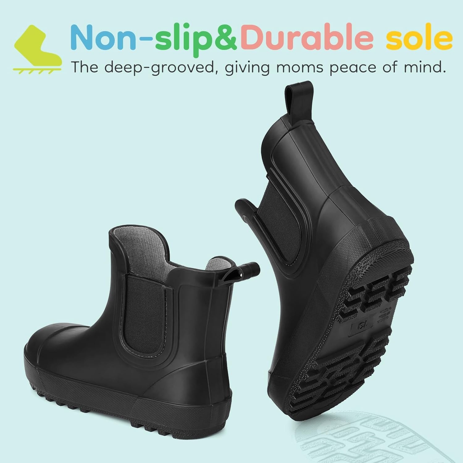 image:imageHISEA Kids Waterproof Ankle Deck Boots NonSlip Rubber Chelsea SlipOn with Round Toe for Boys amp Girls Lightweight Toddler to Big Kid Rainboots for Farm Park Hiking amp Outdoor PlayBlack