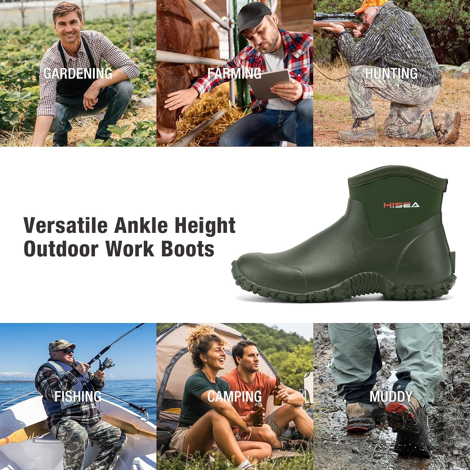 image:imageHISEA Mens Ankle Rain Boots Waterproof Rubber Garden Boots Insulated Neoprene Mud Shoes SlipOn Outdoor Work Booties for Gardening Farming Fishing Hunting Yard and Lawn ChoreGreen