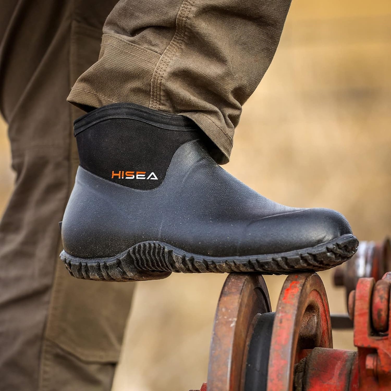 image:imageHISEA Mens Ankle Rain Boots Waterproof Rubber Garden Boots Insulated Neoprene Mud Shoes SlipOn Outdoor Work Booties for Gardening Farming Fishing Hunting Yard and Lawn ChoreBlack