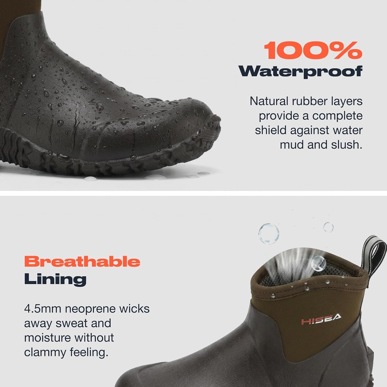 image:imageHISEA Mens Ankle Rain Boots Waterproof Rubber Garden Boots Insulated Neoprene Mud Shoes SlipOn Outdoor Work Booties for Gardening Farming Fishing Hunting Yard and Lawn ChoreBrown