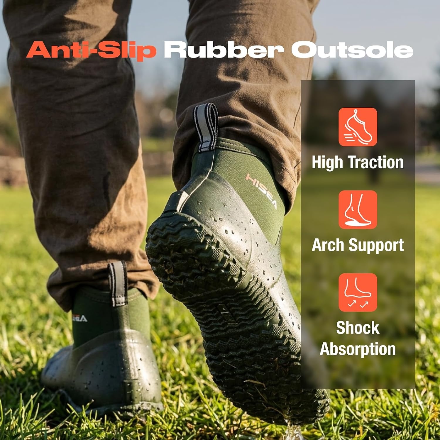 image:imageHISEA Mens Ankle Rain Boots Waterproof Rubber Garden Boots Insulated Neoprene Mud Shoes SlipOn Outdoor Work Booties for Gardening Farming Fishing Hunting Yard and Lawn ChoreGreen
