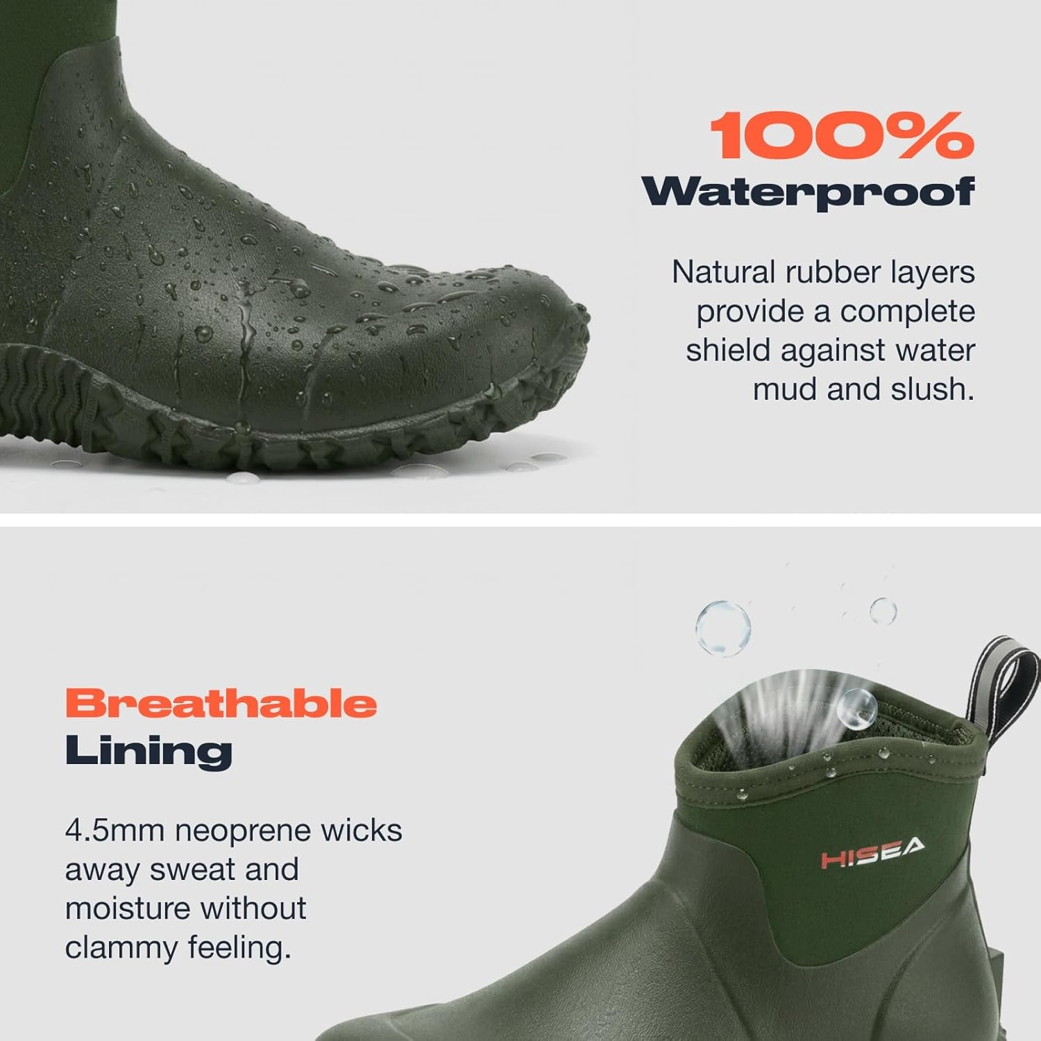 image:imageHISEA Mens Ankle Rain Boots Waterproof Rubber Garden Boots Insulated Neoprene Mud Shoes SlipOn Outdoor Work Booties for Gardening Farming Fishing Hunting Yard and Lawn ChoreGreen