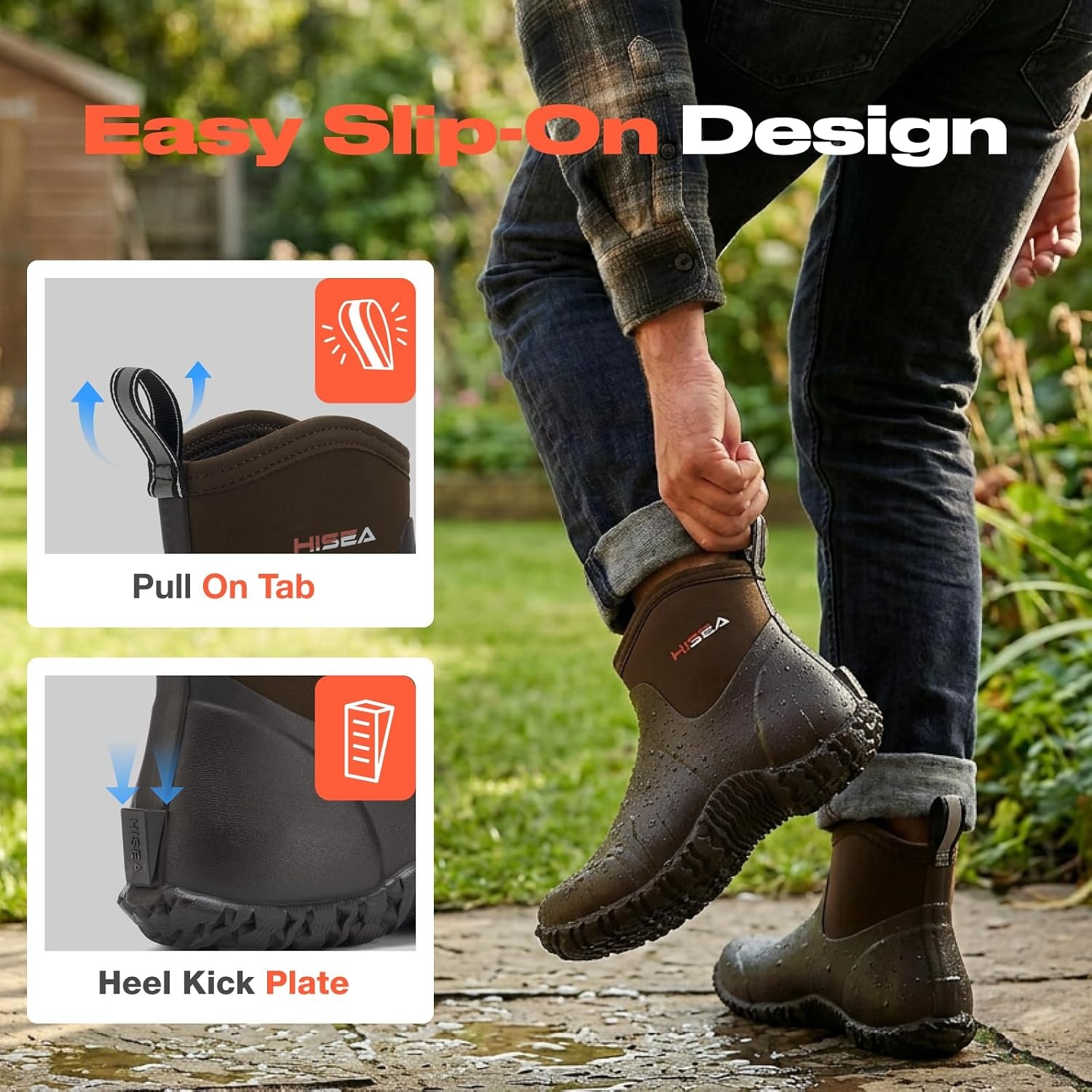 image:imageHISEA Mens Ankle Rain Boots Waterproof Rubber Garden Boots Insulated Neoprene Mud Shoes SlipOn Outdoor Work Booties for Gardening Farming Fishing Hunting Yard and Lawn ChoreBrown