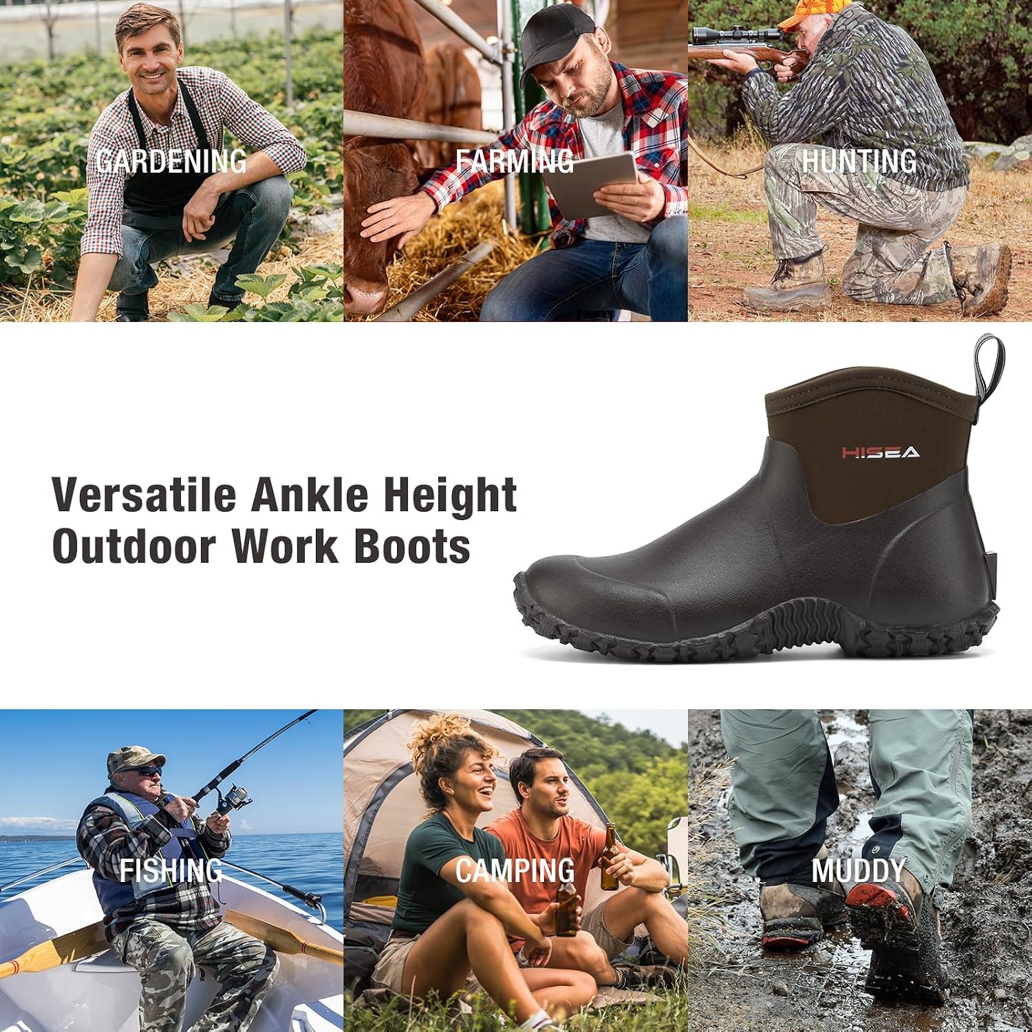 image:imageHISEA Mens Ankle Rain Boots Waterproof Rubber Garden Boots Insulated Neoprene Mud Shoes SlipOn Outdoor Work Booties for Gardening Farming Fishing Hunting Yard and Lawn ChoreBrown