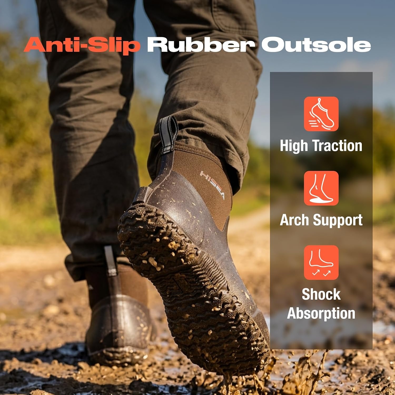 image:imageHISEA Mens Ankle Rain Boots Waterproof Rubber Garden Boots Insulated Neoprene Mud Shoes SlipOn Outdoor Work Booties for Gardening Farming Fishing Hunting Yard and Lawn ChoreBrown