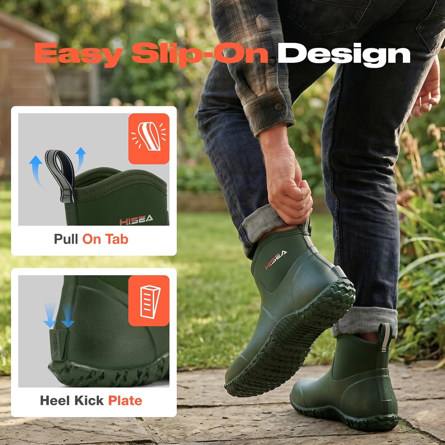 image:imageHISEA Mens Ankle Rain Boots Waterproof Rubber Garden Boots Insulated Neoprene Mud Shoes SlipOn Outdoor Work Booties for Gardening Farming Fishing Hunting Yard and Lawn ChoreGreen