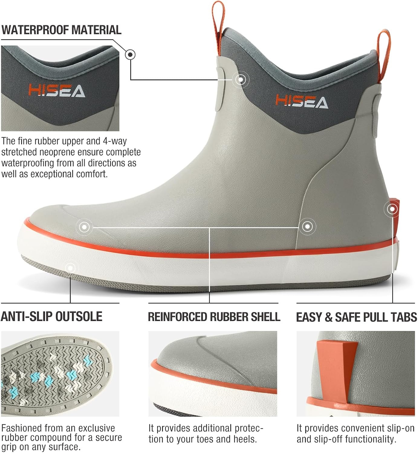 image:imageHISEA Mens Deck Boots Waterproof Ankle Rain Boots Saltwater Fishing Garden Boots with High Traction Outdoor Short Rubber Shoes for Boating Sailing Farming Yard WorkGrey