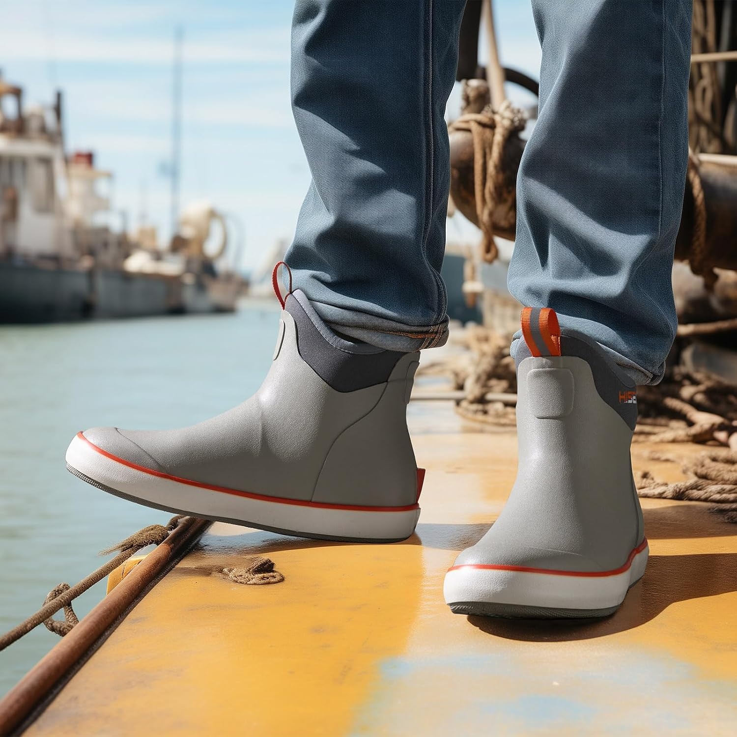 image:imageHISEA Mens Deck Boots Waterproof Ankle Rain Boots Saltwater Fishing Garden Boots with High Traction Outdoor Short Rubber Shoes for Boating Sailing Farming Yard WorkGrey