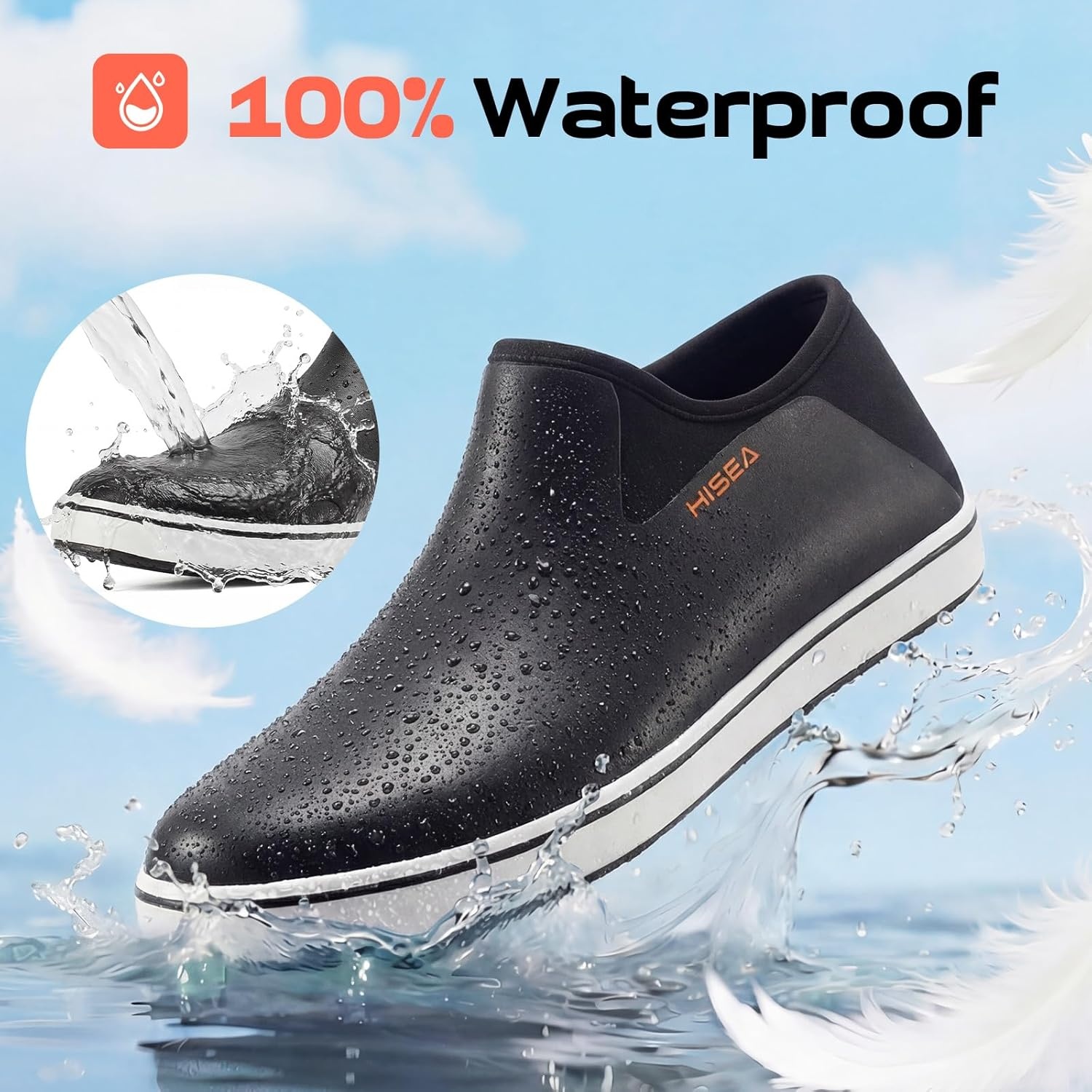 image:imageHISEA Mens Deck Boots Waterproof Nonslip Lightweight Rubber Ankle Rain Booties for Men Low Cut Foldable heel Neoprene Mud Garden Shoes for Outdoor Fishing Farming Gardening Lawn CareBlack