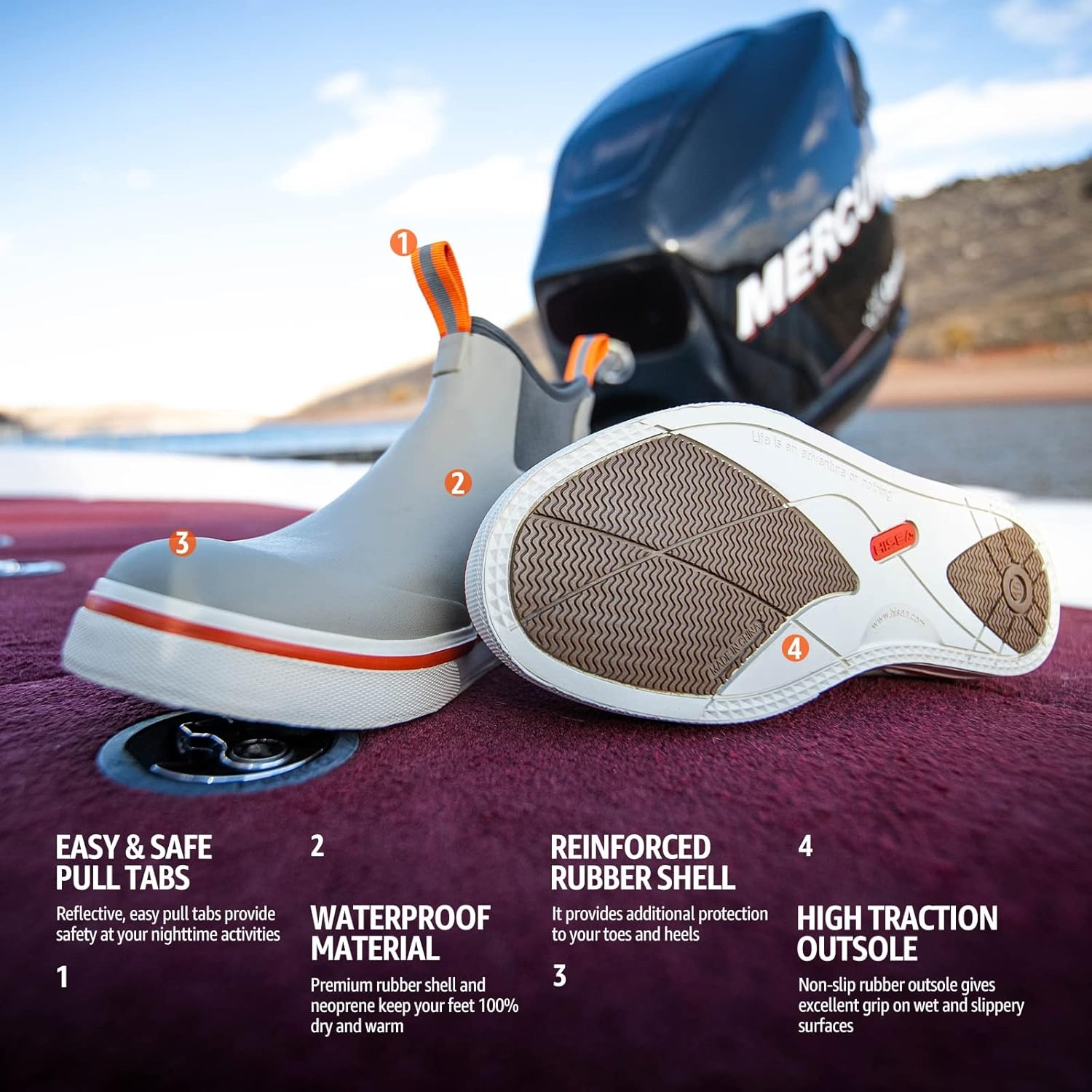 image:imageHISEA Mens Deck Rain Boots Saltwater Fishing Booties Waterproof Ankle Rain Boots with High TractionBlack