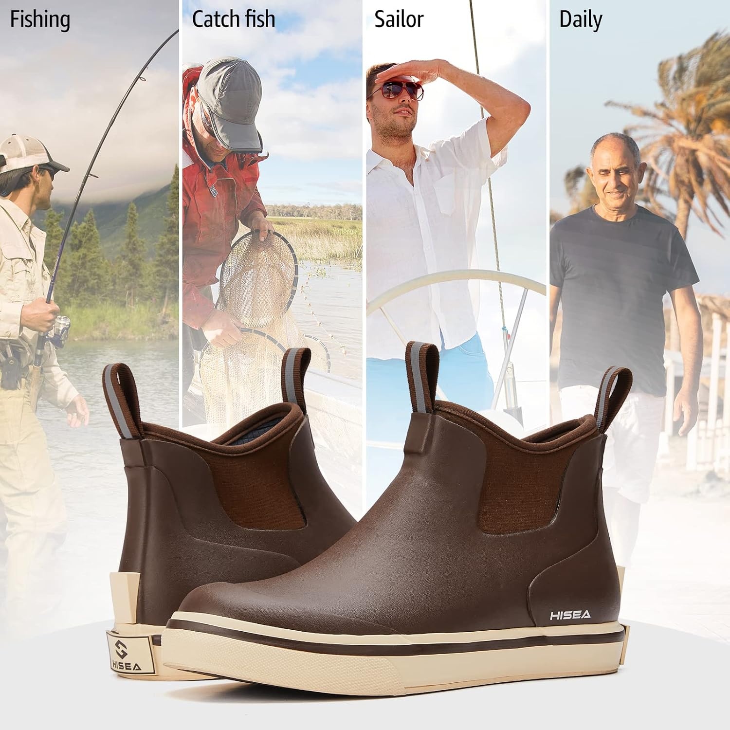 image:imageHISEA Mens Deck Rain Boots Saltwater Fishing Booties Waterproof Ankle Rain Boots with High TractionBlack