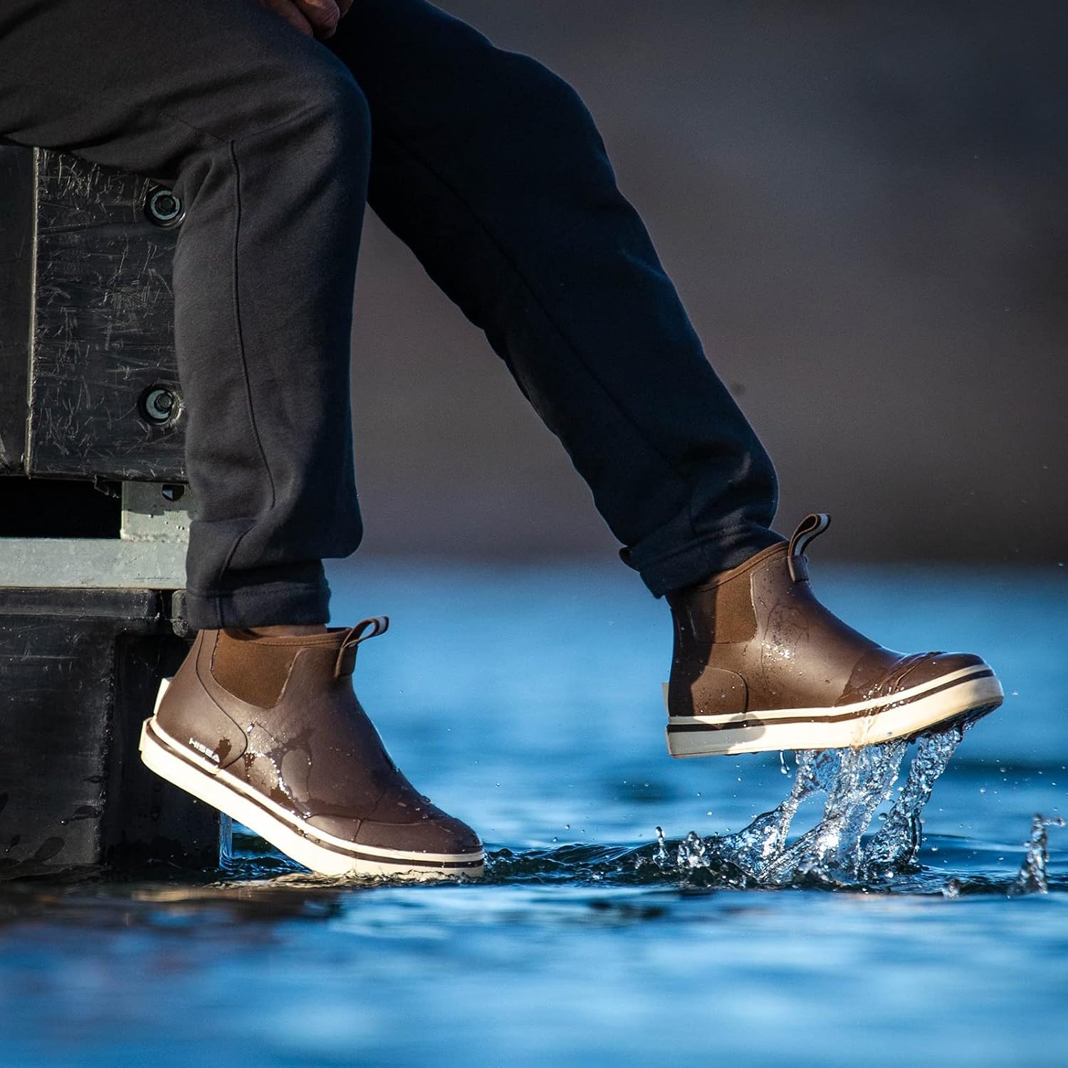 image:imageHISEA Mens Deck Rain Boots Saltwater Fishing Booties Waterproof Ankle Rain Boots with High TractionBrown