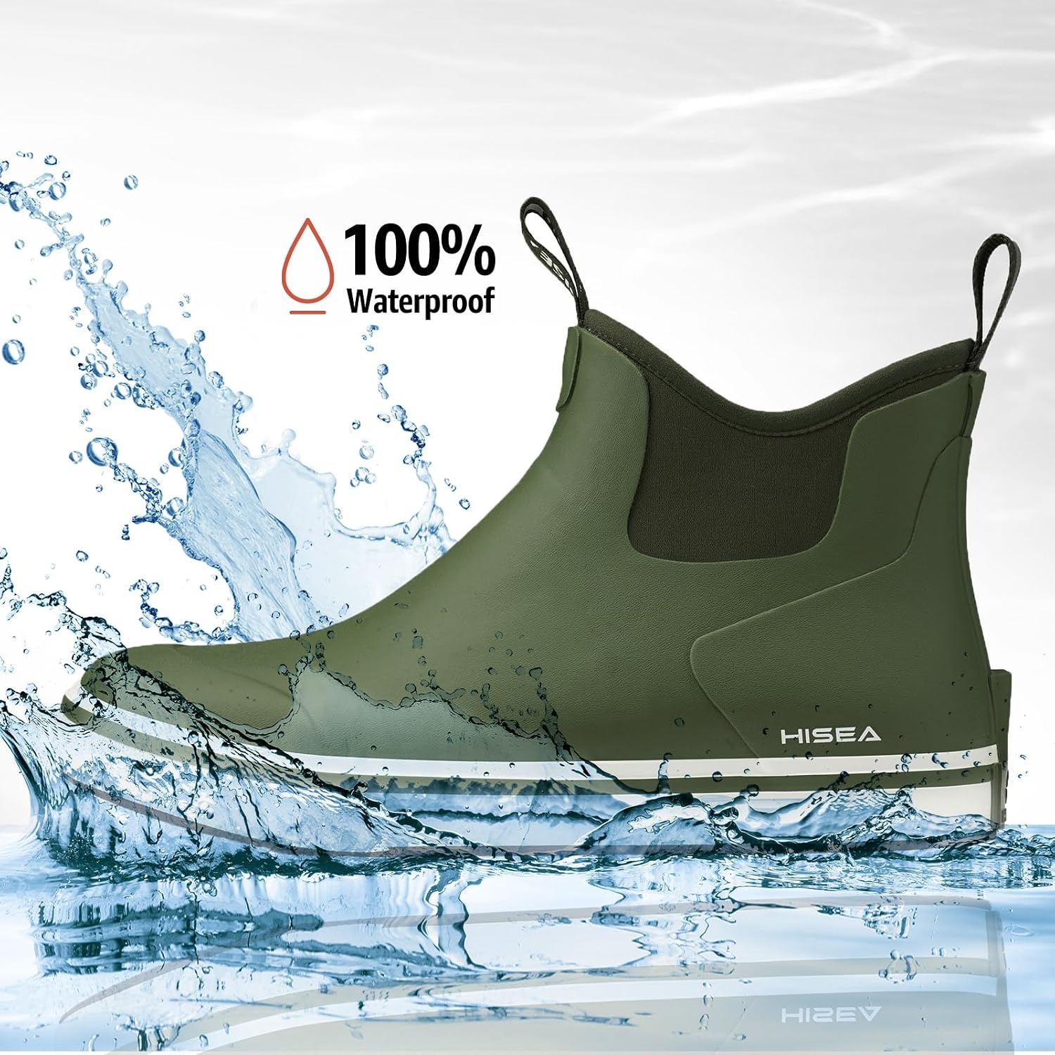 image:imageHISEA Mens Deck Rain Boots Saltwater Fishing Booties Waterproof Ankle Rain Boots with High TractionGreen