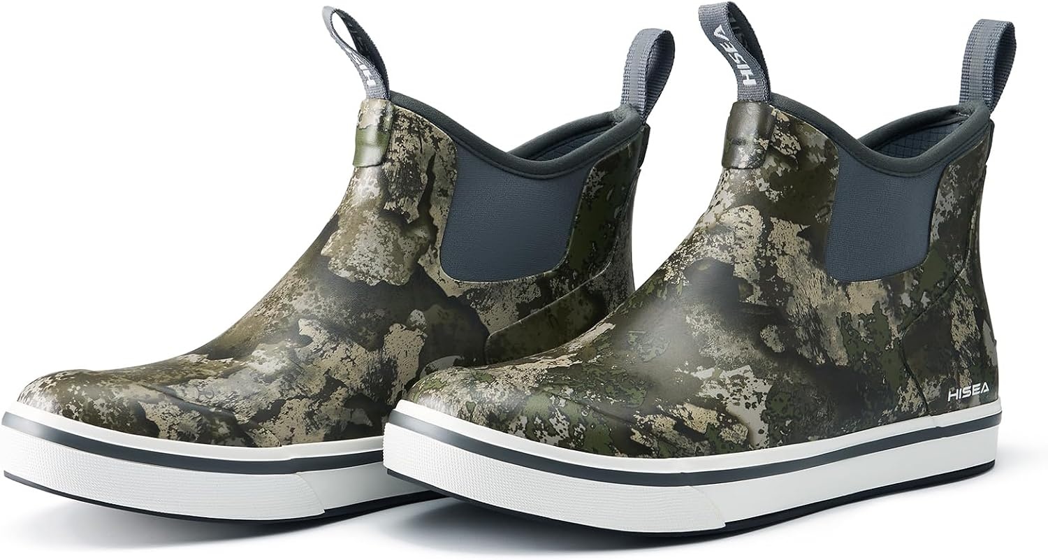 image:imageHISEA Mens Deck Rain Boots Saltwater Fishing Booties Waterproof Ankle Rain Boots with High TractionGreen Camo