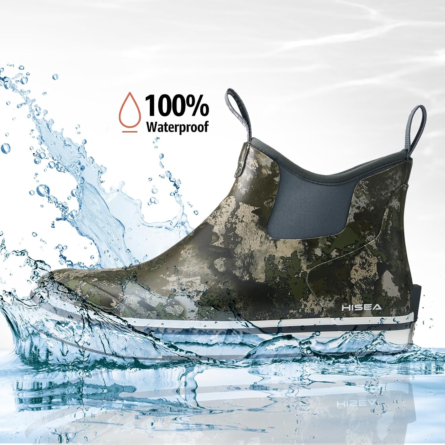 image:imageHISEA Mens Deck Rain Boots Saltwater Fishing Booties Waterproof Ankle Rain Boots with High TractionGreen Camo