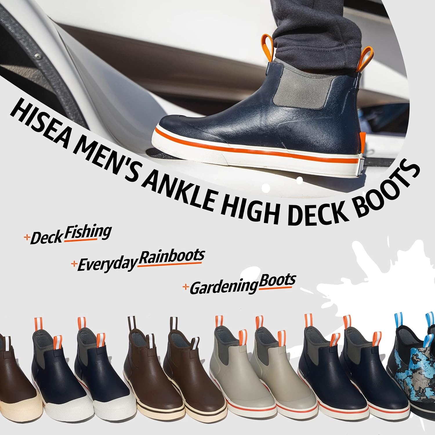 image:imageHISEA Mens Deck Rain Boots Saltwater Fishing Booties Waterproof Ankle Rain Boots with High TractionGrey