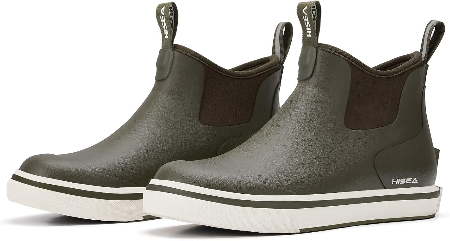 image:imageHISEA Mens Deck Rain Boots Saltwater Fishing Booties Waterproof Ankle Rain Boots with High TractionOlive Green
